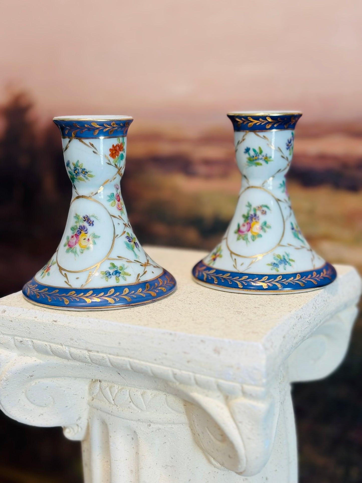 Pair of Floral Bone China Candlesticks 3.25 w 3.5 h