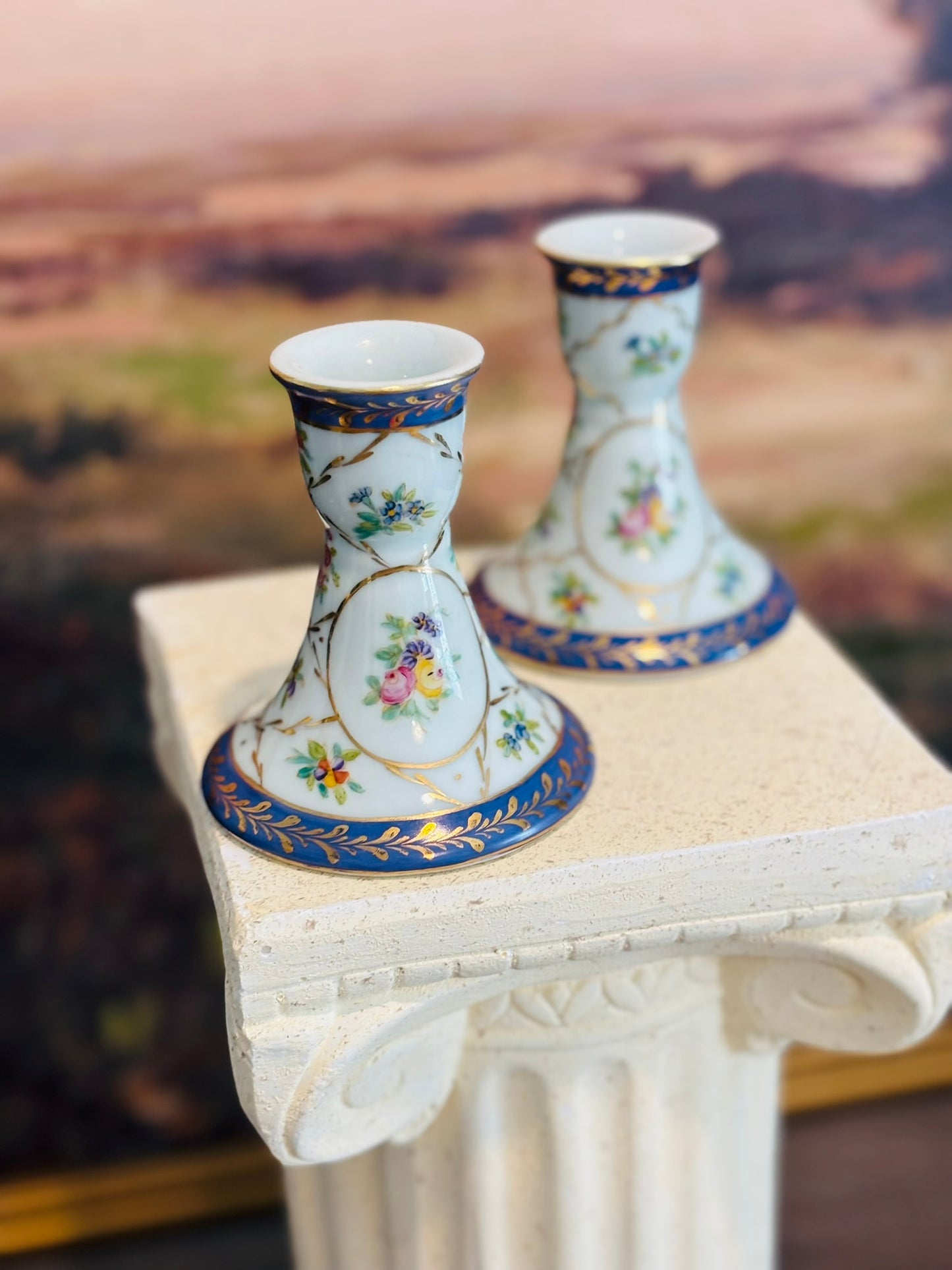 Pair of Floral Bone China Candlesticks 3.25 w 3.5 h
