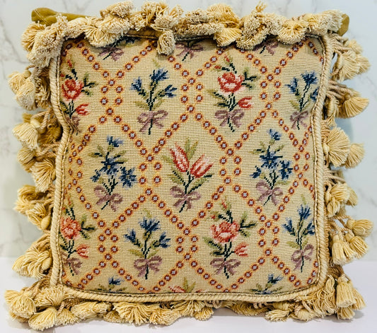 Flowers and bows pillow with velvet back and tassels 11 inches