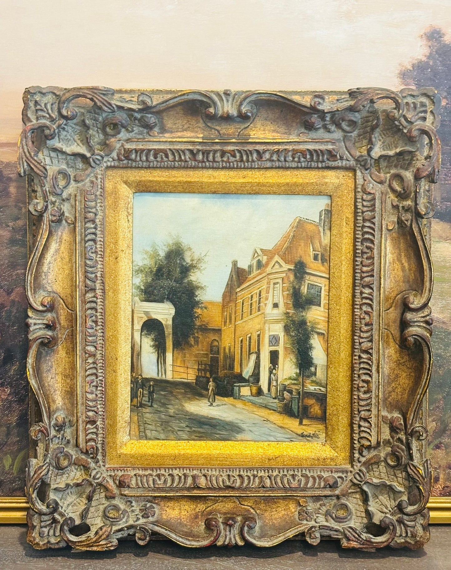 Dutch 19th or early 20th century Oil Street scene with chunky frame 15.25 x 17.25 signed