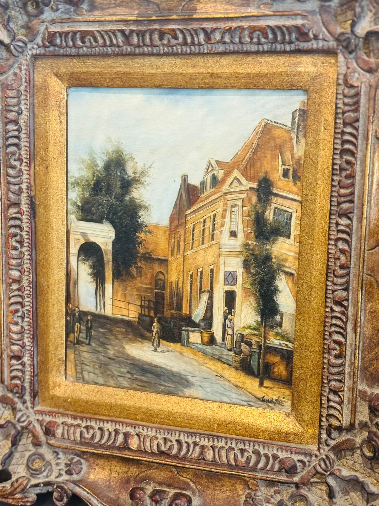 Dutch 19th or early 20th century Oil Street scene with chunky frame 15.25 x 17.25 signed