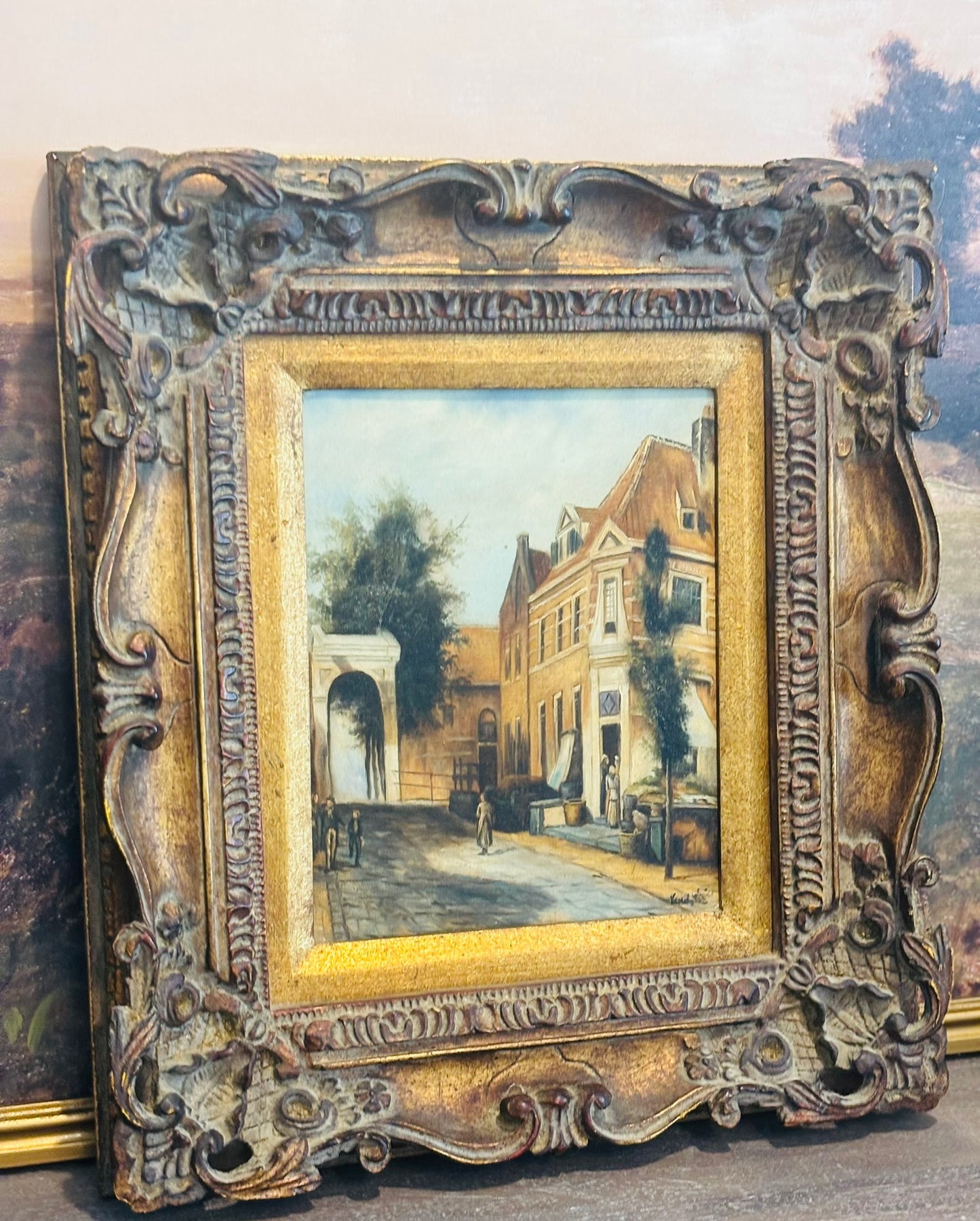 Dutch 19th or early 20th century Oil Street scene with chunky frame 15.25 x 17.25 signed