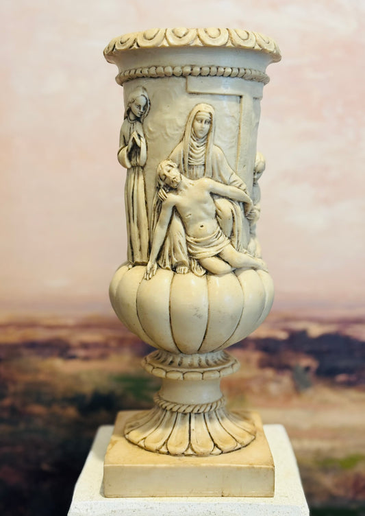 Cream Relief Urn Pieta deep carved figurals 12 h 5 w/d