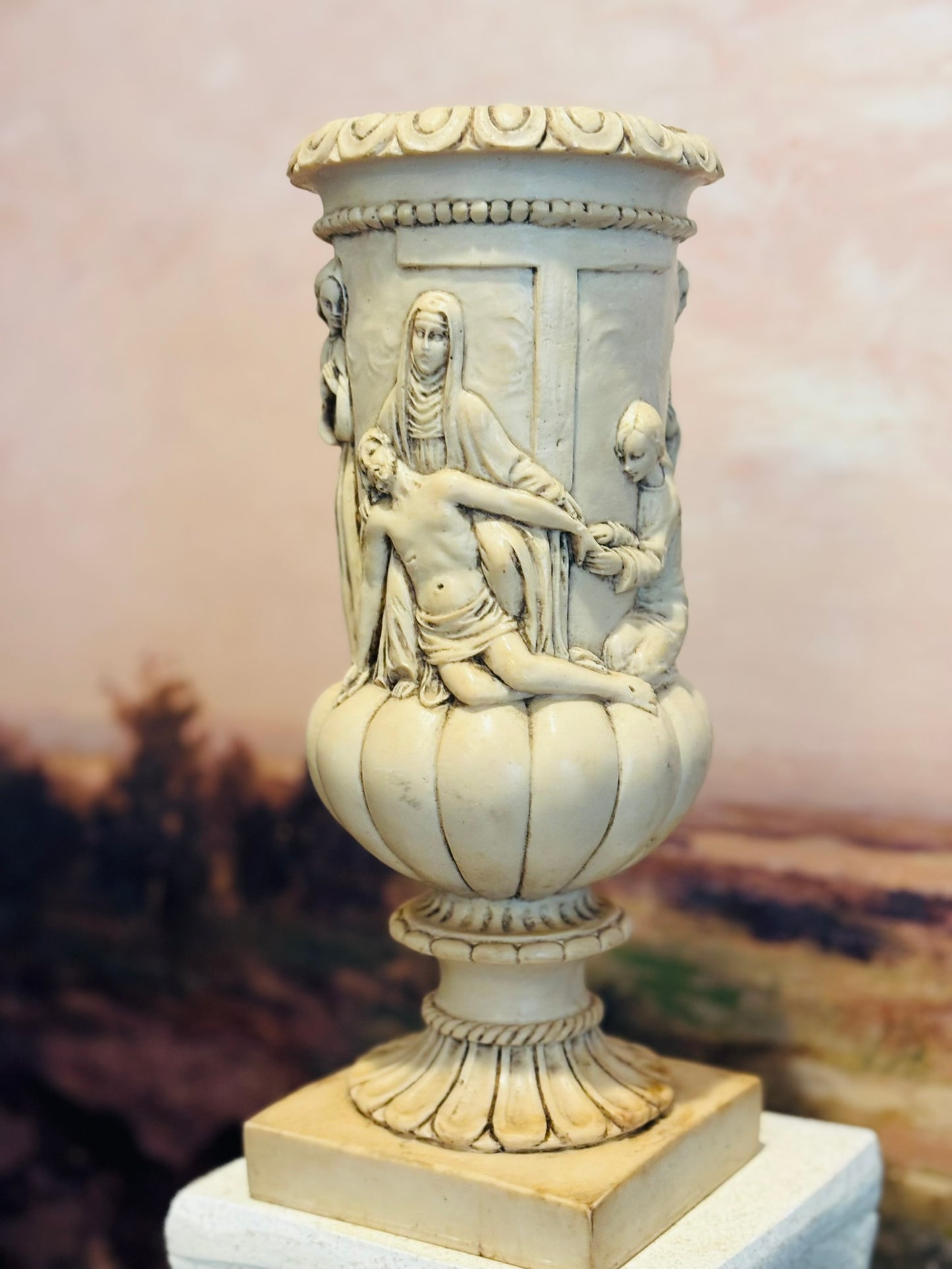 Cream Relief Urn Pieta deep carved figurals 12 h 5 w/d
