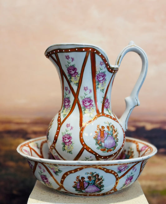 Limoges Courting design pitcher and basin ironstone some chips & 1 wearing section bowl