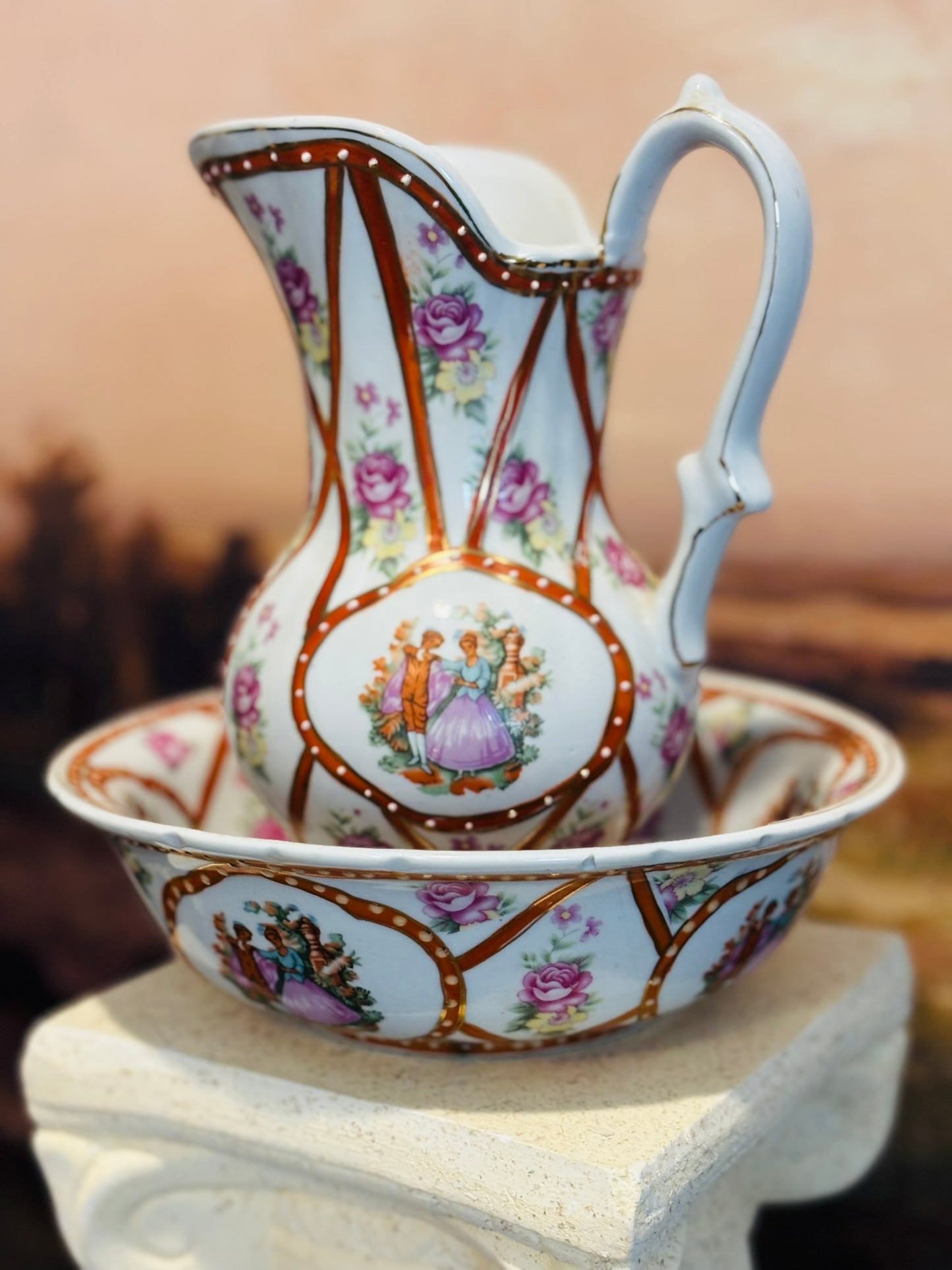 Limoges Courting design pitcher and basin ironstone some chips & 1 wearing section bowl