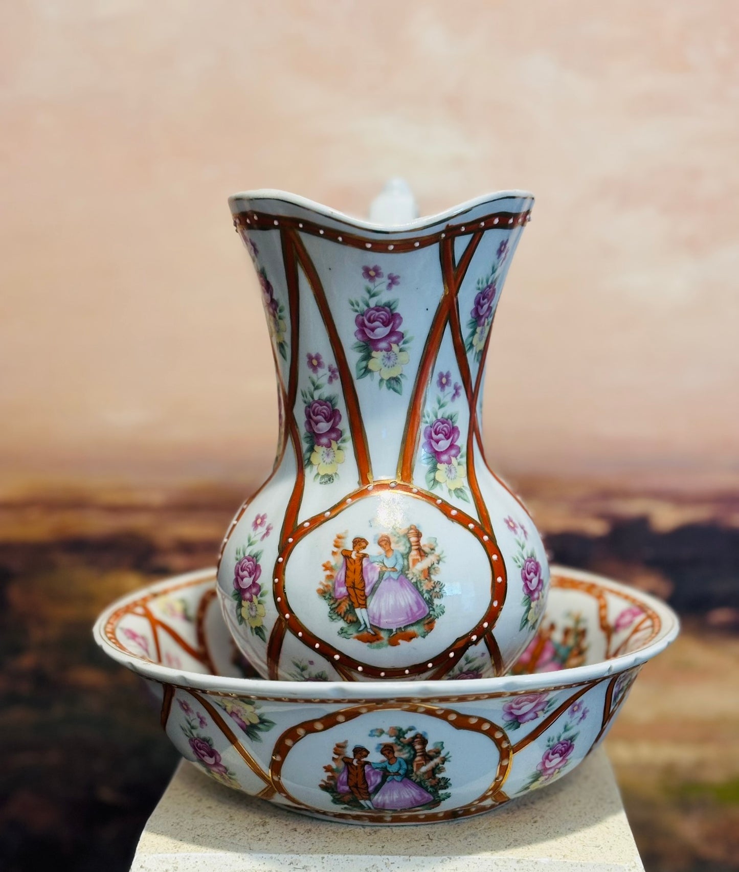 Limoges Courting design pitcher and basin ironstone some chips & 1 wearing section bowl