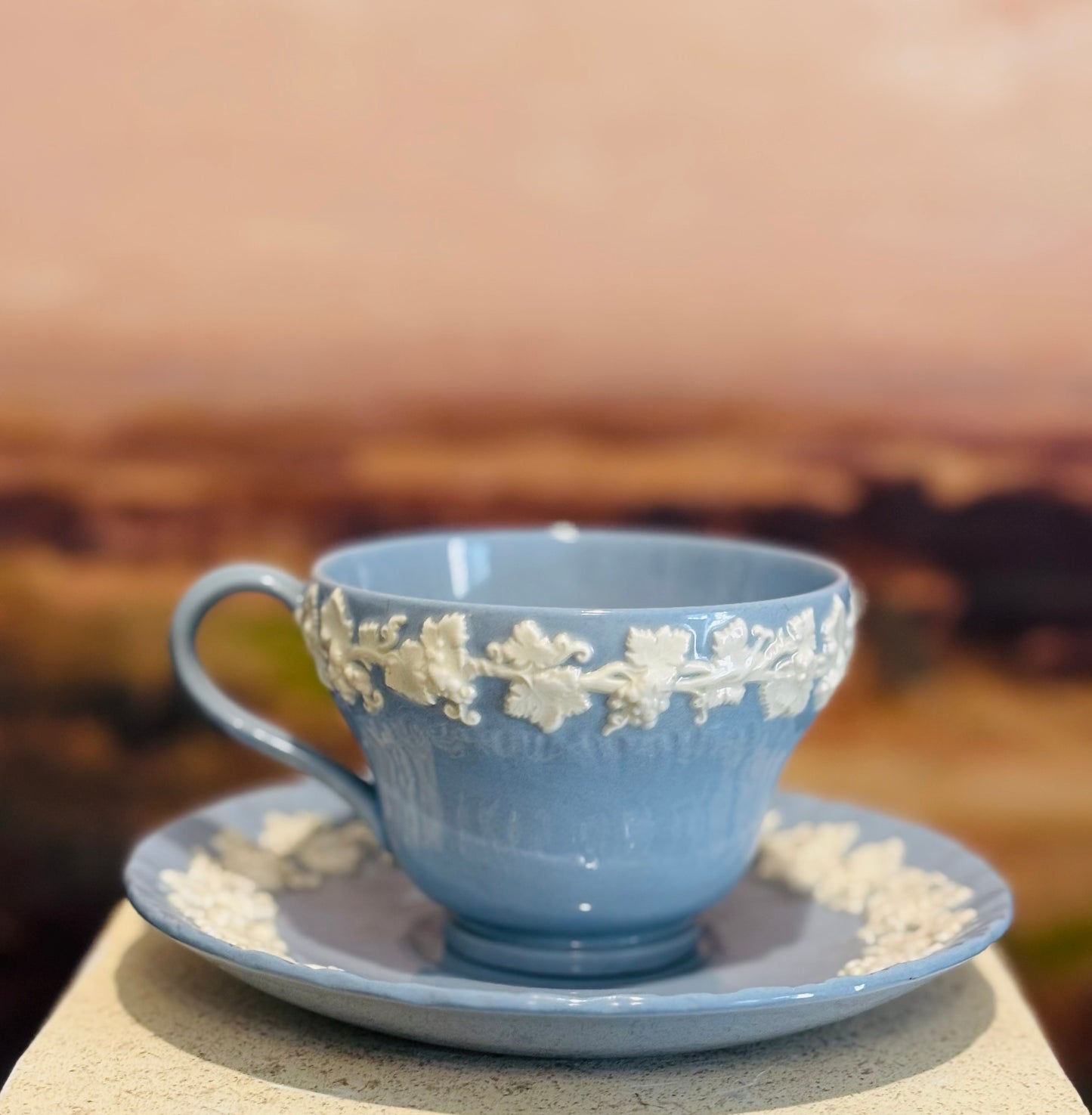 Queens Ware Grape Embossed Blue wedgwood cup and saucer 2.5 h 5.5 w/d
