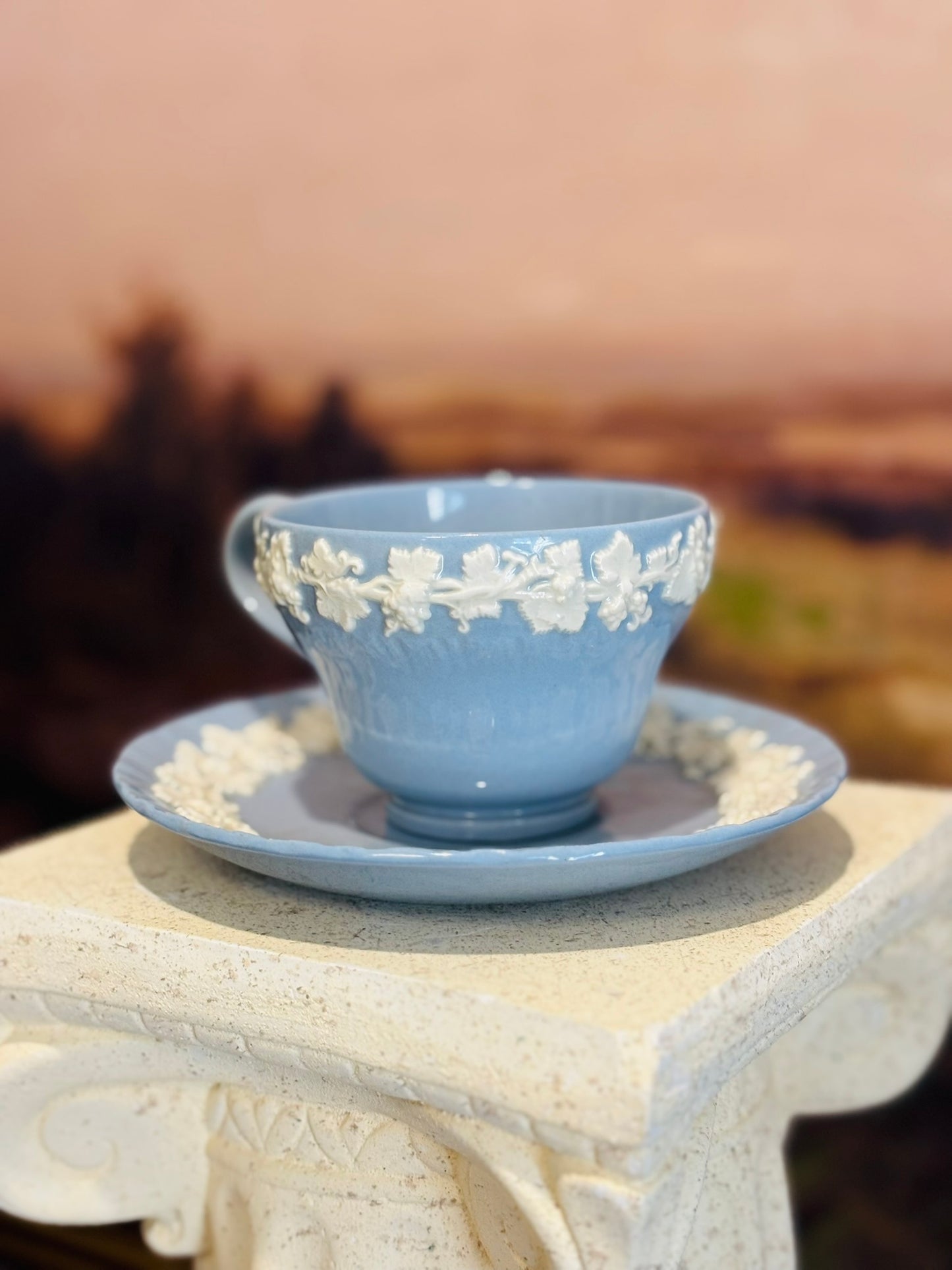 Queens Ware Grape Embossed Blue wedgwood cup and saucer 2.5 h 5.5 w/d