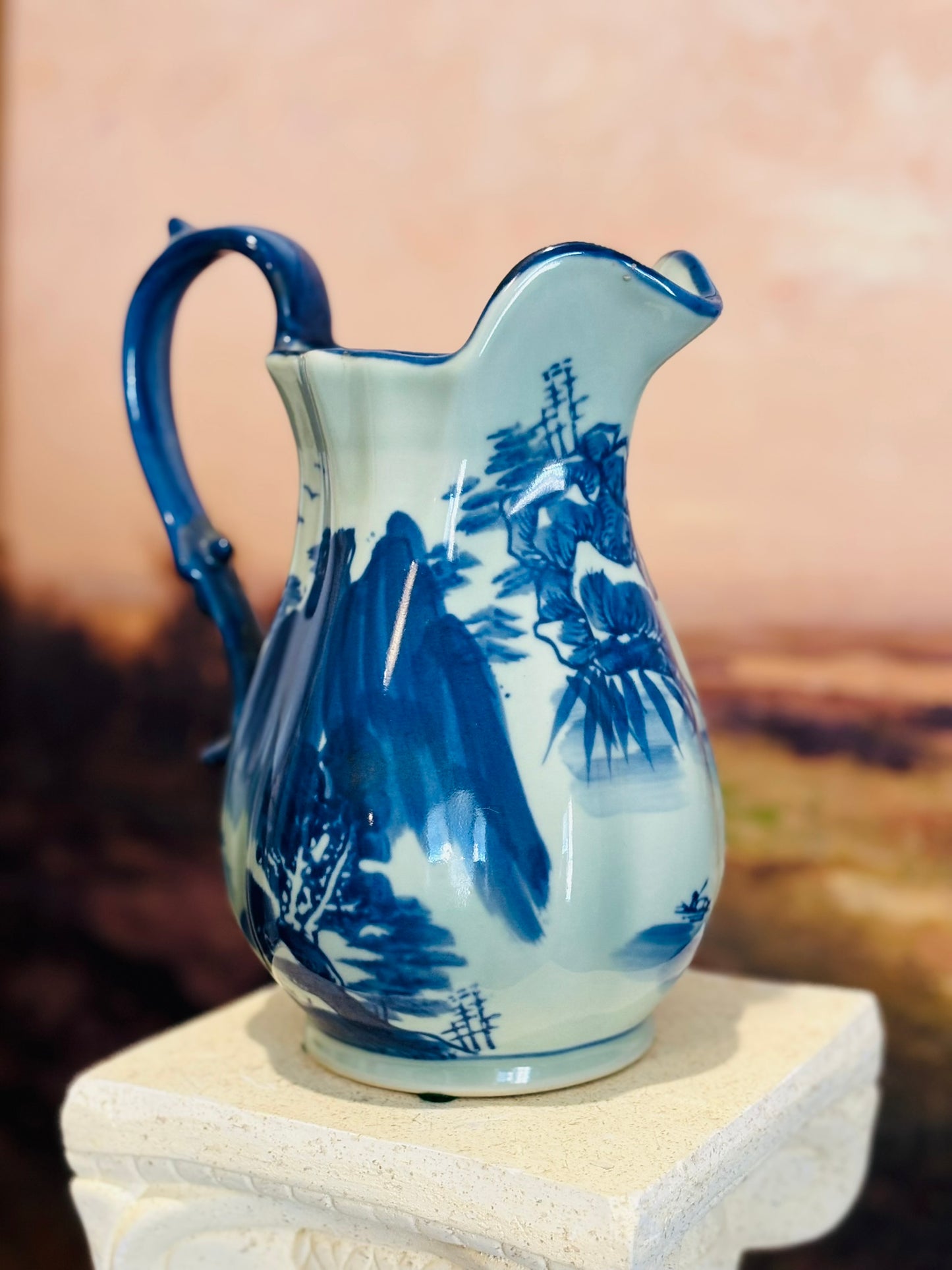Blue and white asian pitcher flow blue style-no markings 9 h 7 d 5.5 w