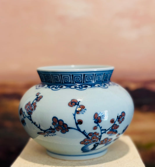 Qing Dynasty Blue and white round vase with cherry blossoms stamped on bottom  6 w/d 4.5 h
