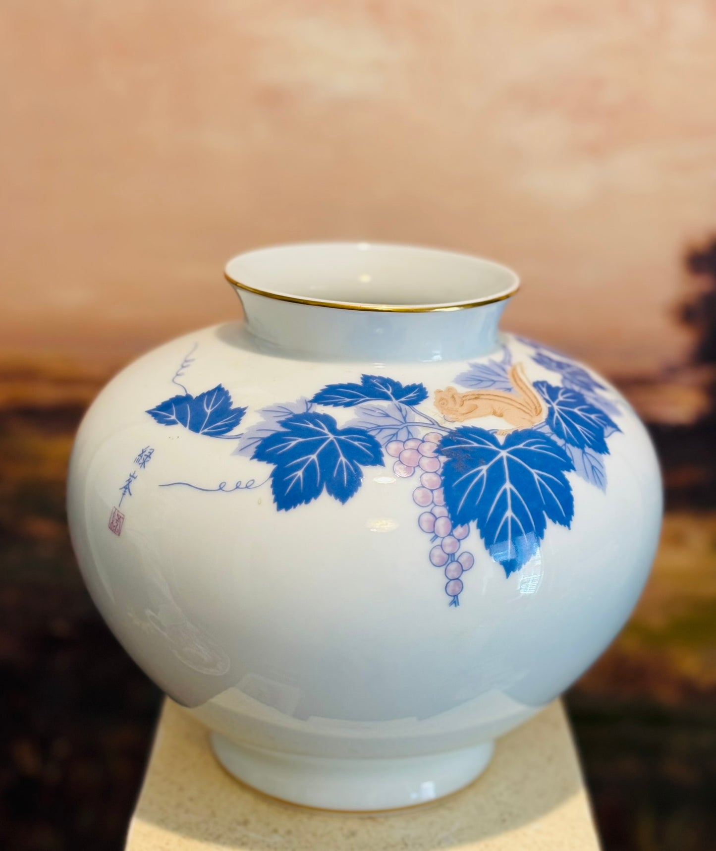 Fukagawa Seiji Arita Vase with flowers and squirrel stamped Japan  8 w/d 7 h