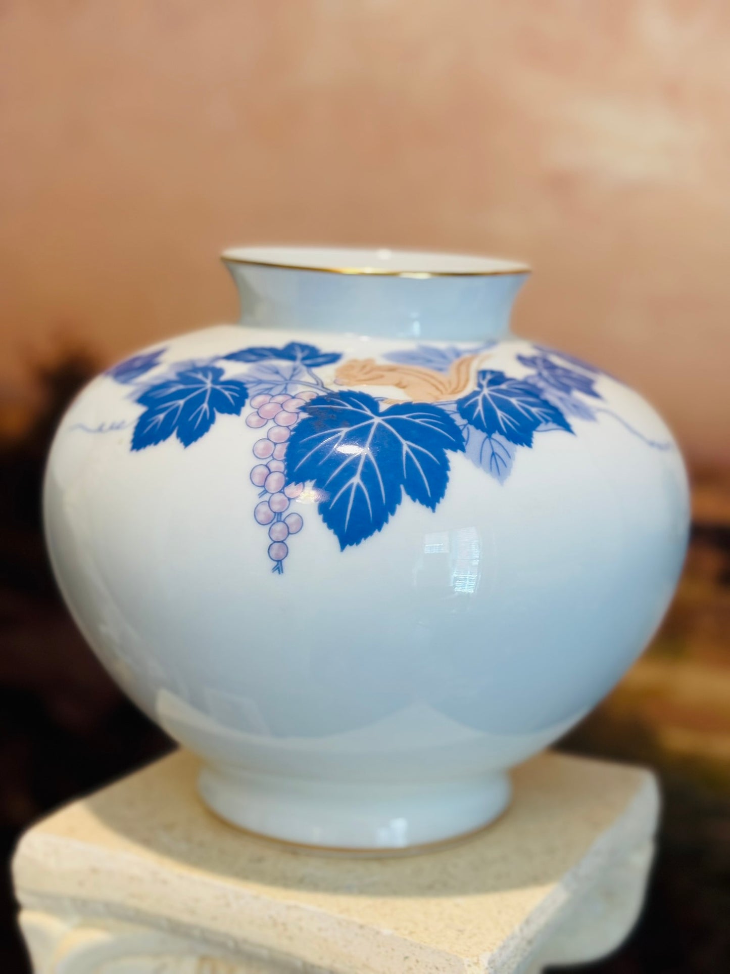 Fukagawa Seiji Arita Vase with flowers and squirrel stamped Japan  8 w/d 7 h