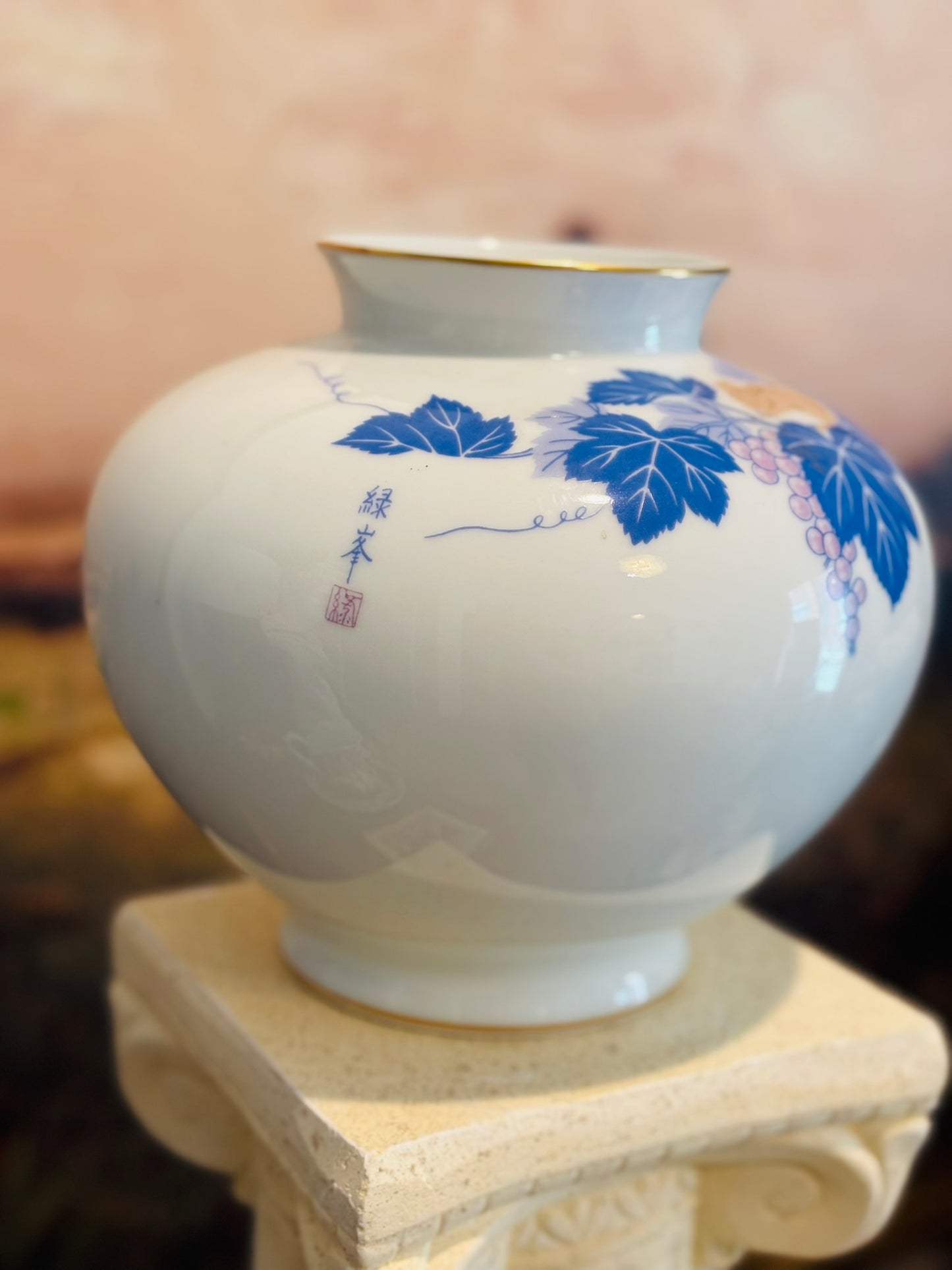 Fukagawa Seiji Arita Vase with flowers and squirrel stamped Japan  8 w/d 7 h