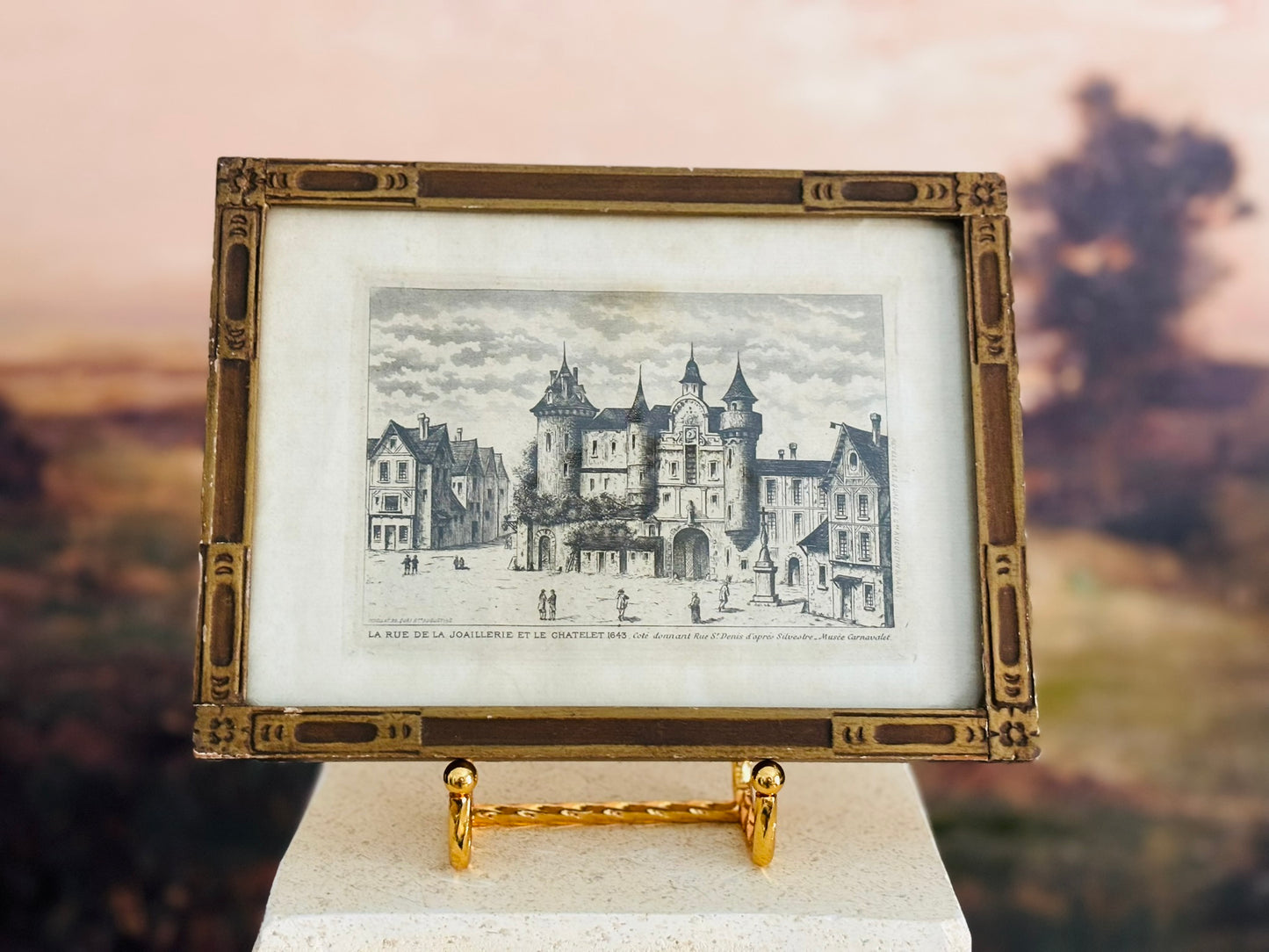 Framed Etching of "La Rue de la Joaillerie et Le Chatelet" 7.5 w 6 h  .5 d