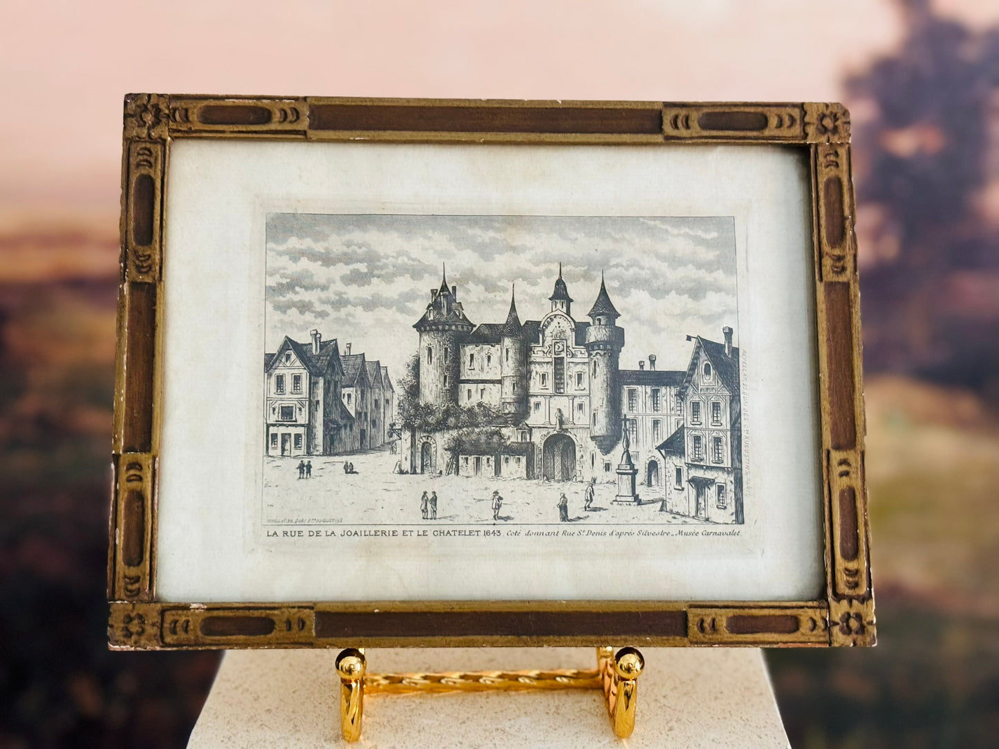 Framed Etching of "La Rue de la Joaillerie et Le Chatelet" 7.5 w 6 h  .5 d