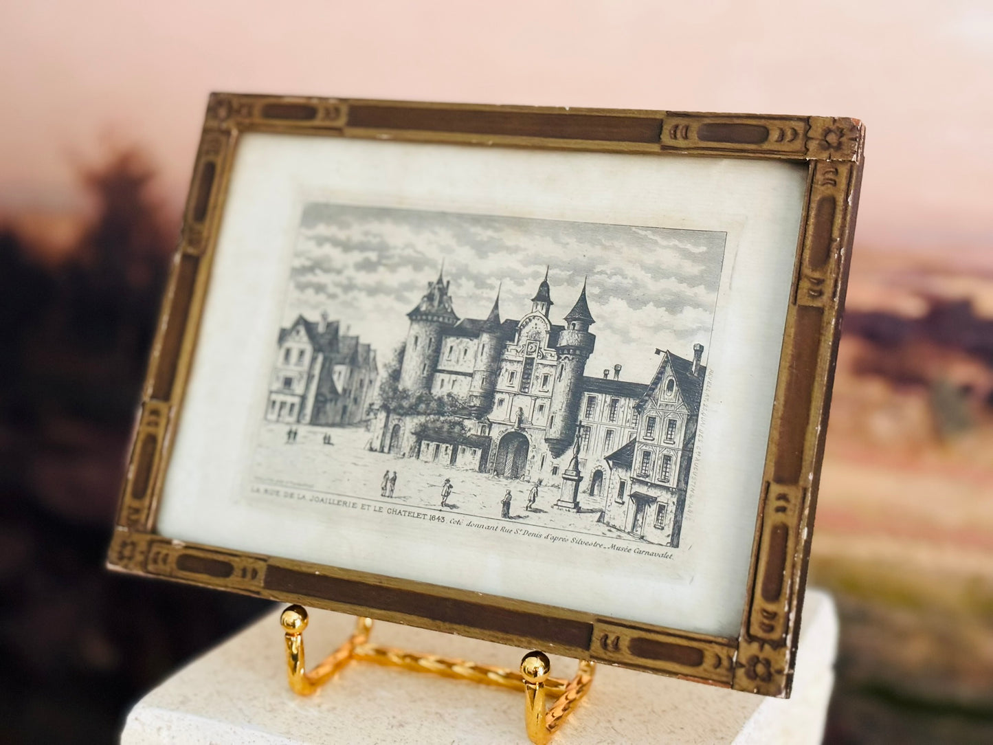 Framed Etching of "La Rue de la Joaillerie et Le Chatelet" 7.5 w 6 h  .5 d