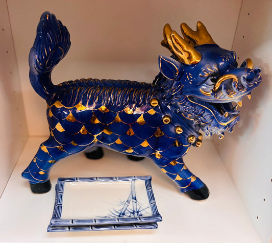 Large Blue and Gold Foo Dog 12 x 10