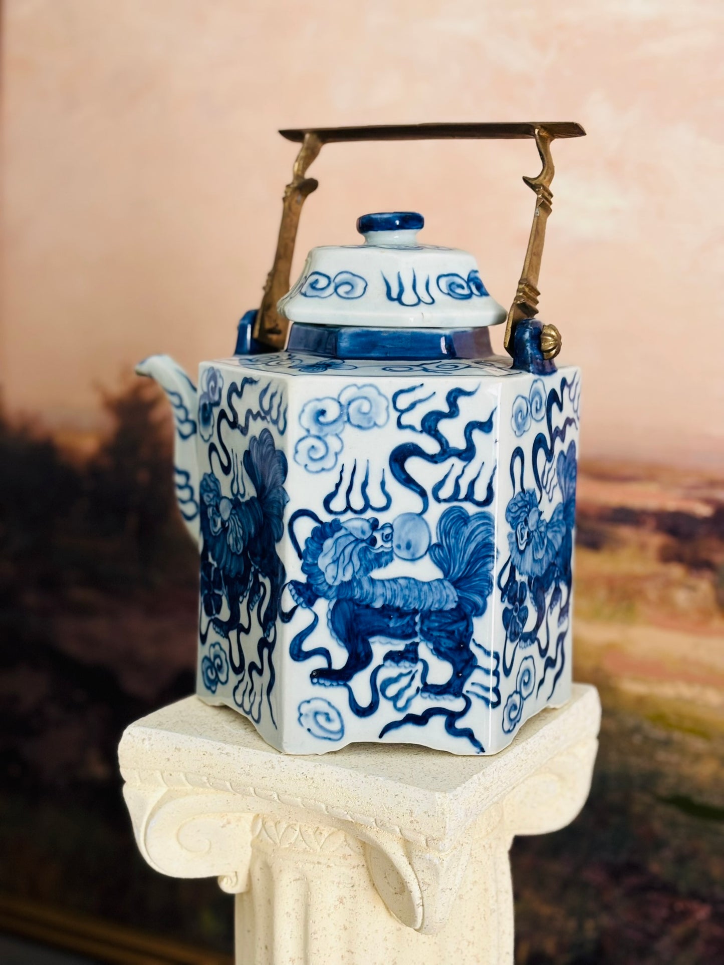 Blue and white buddhist lions teapot with brass handle  8.5 w 7 d 11 to top of handle
