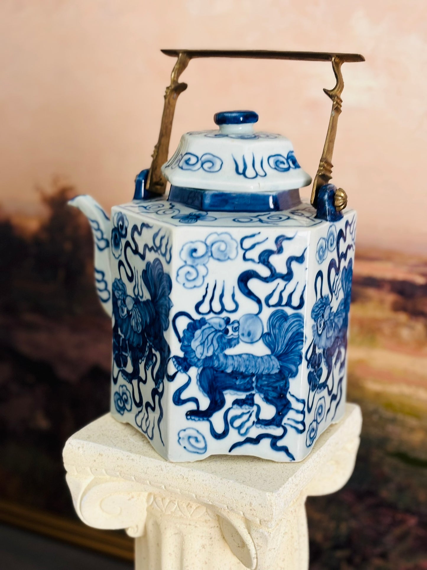 Blue and white buddhist lions teapot with brass handle  8.5 w 7 d 11 to top of handle