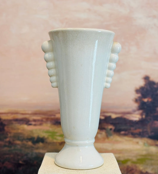 Cream stoneware vase with bubble handles 10.25 h 6.5 w 5 d
