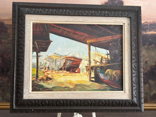 Mid Century old marina oil painting  16.5 w 13.5 h 1.5 d