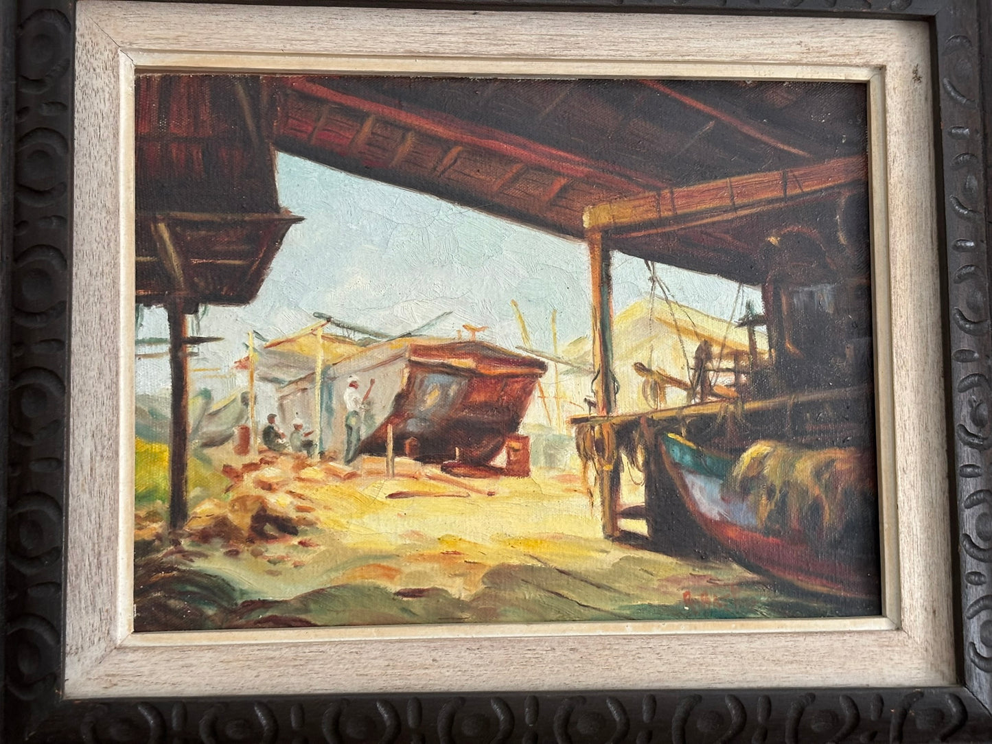 Mid Century old marina oil painting  16.5 w 13.5 h 1.5 d
