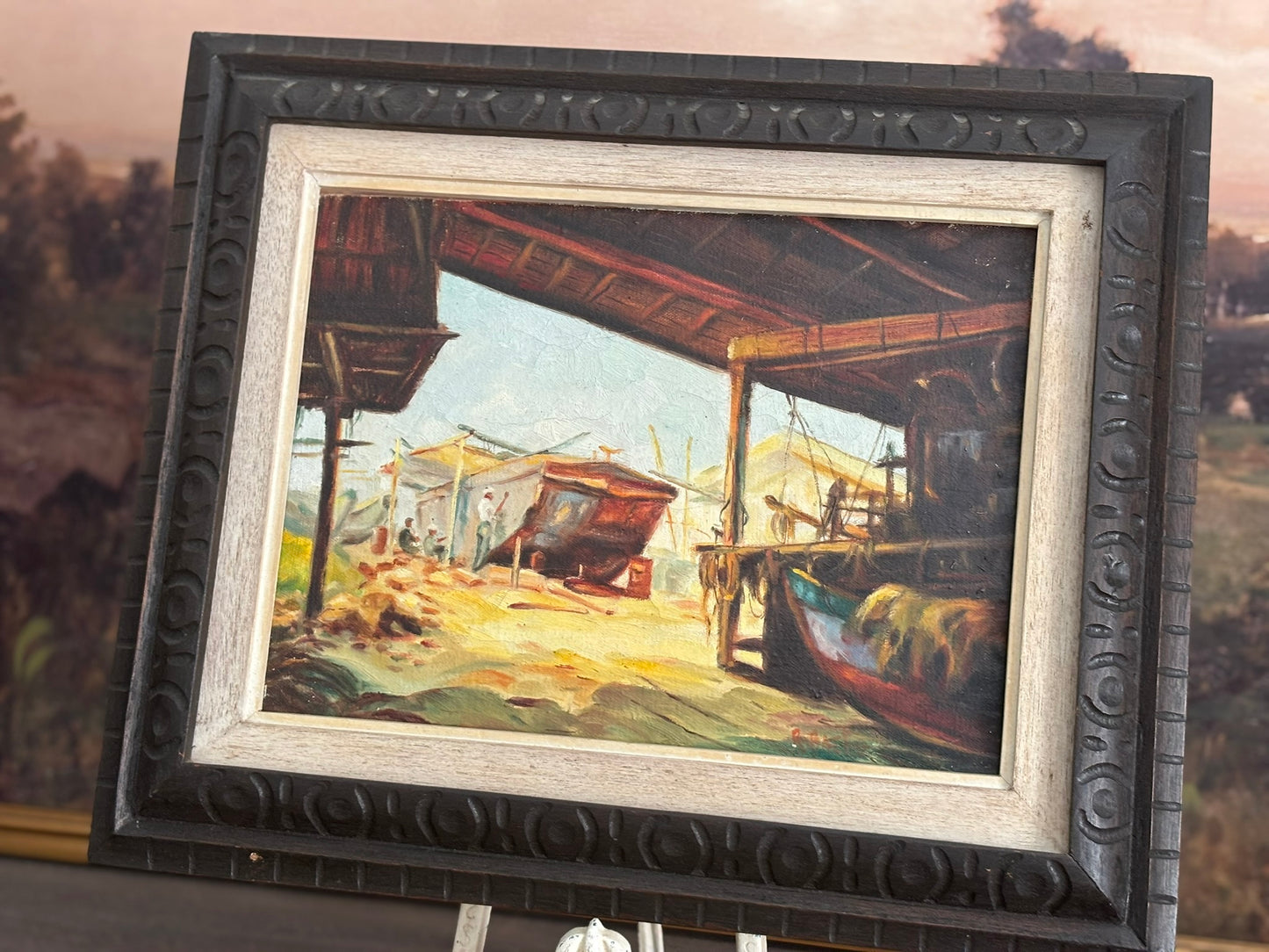Mid Century old marina oil painting  16.5 w 13.5 h 1.5 d