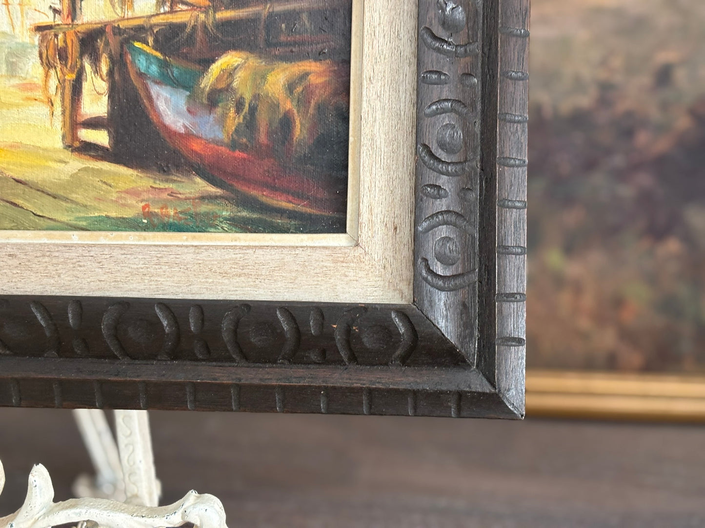 Mid Century old marina oil painting  16.5 w 13.5 h 1.5 d