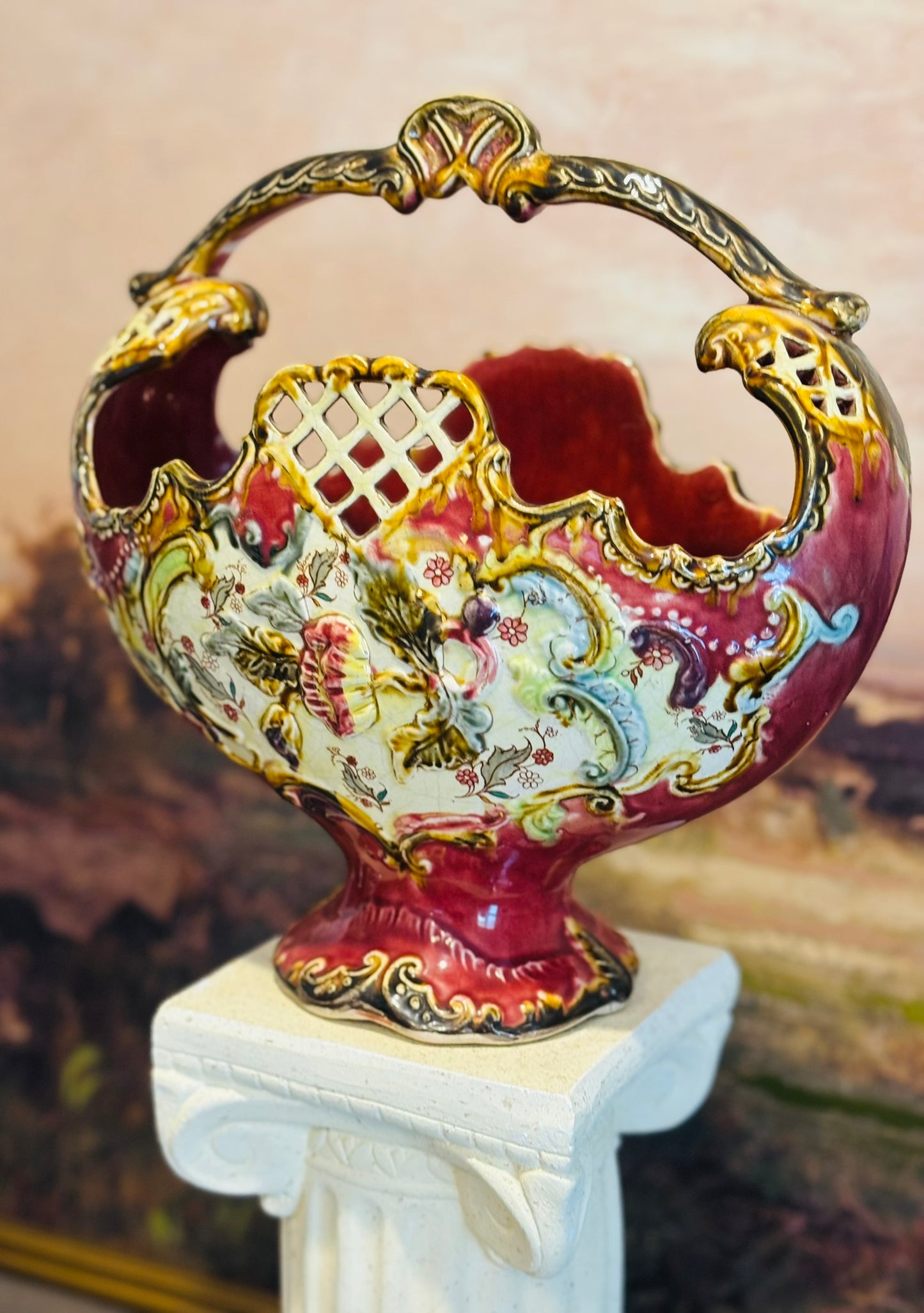 Antique Majolica Jardiniere 1887 (tag) 11.75 w 12 h 5.75 d