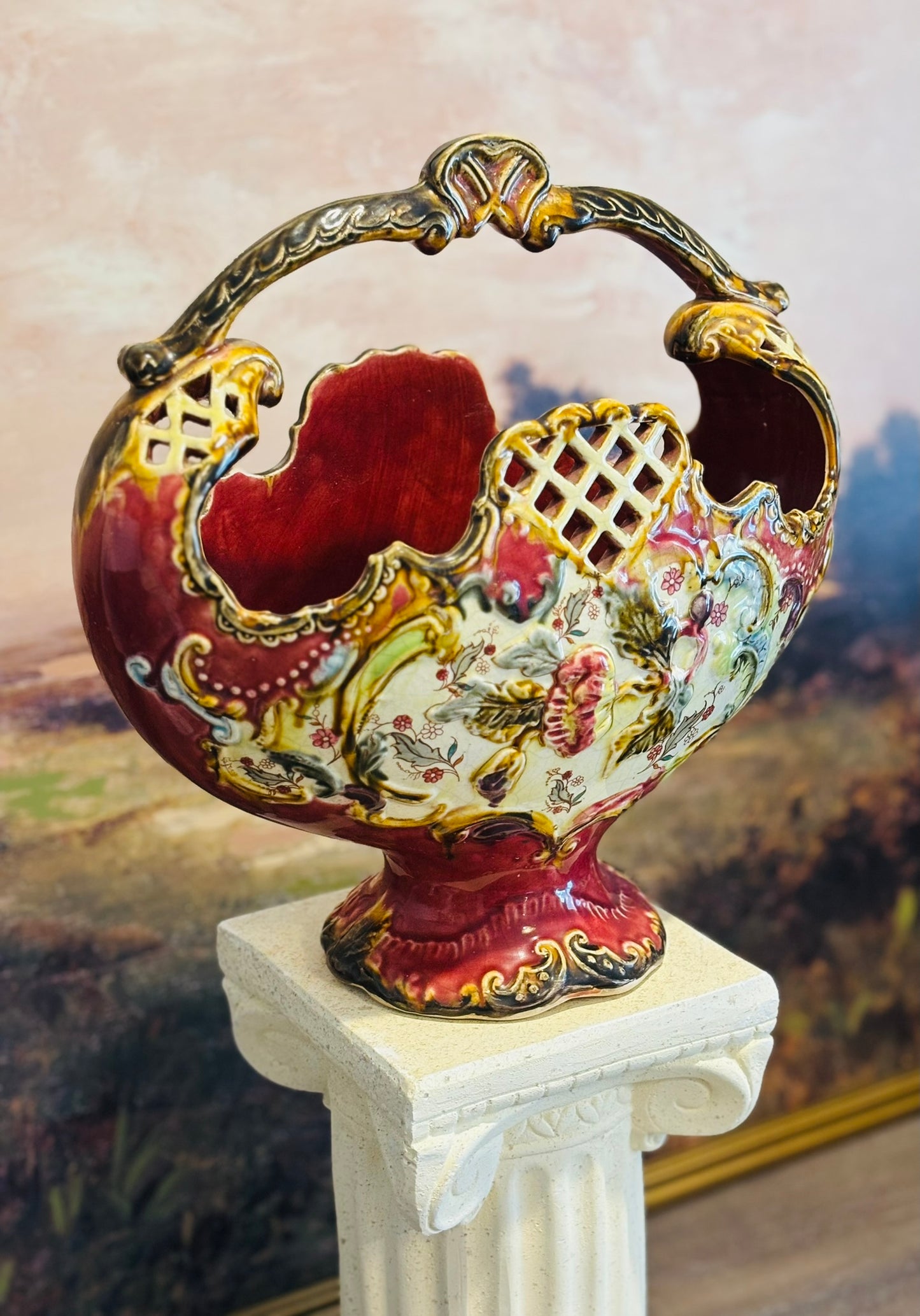 Antique Majolica Jardiniere 1887 (tag) 11.75 w 12 h 5.75 d