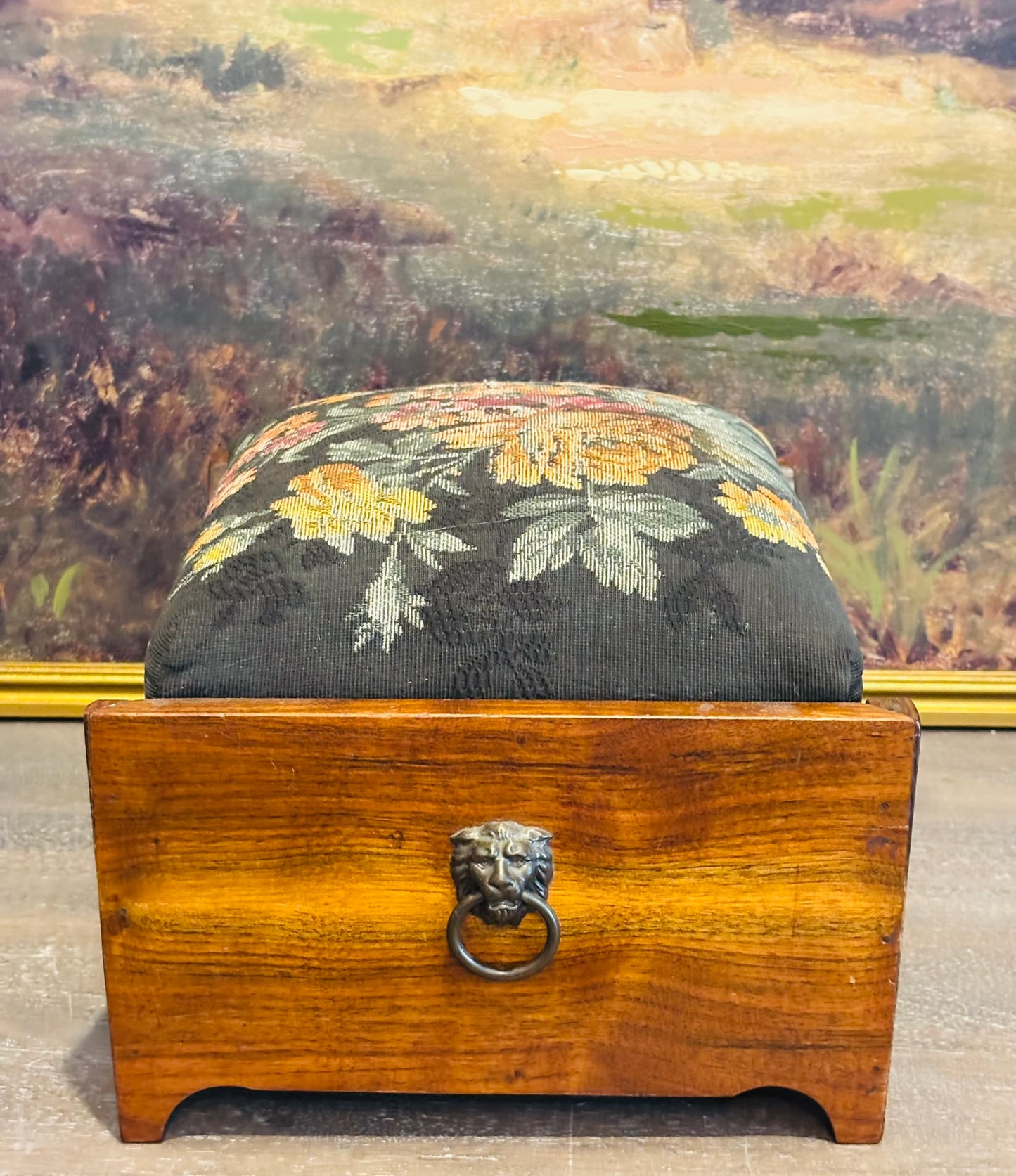Wood foot rest with lion handles 12 l 10 w 6 h