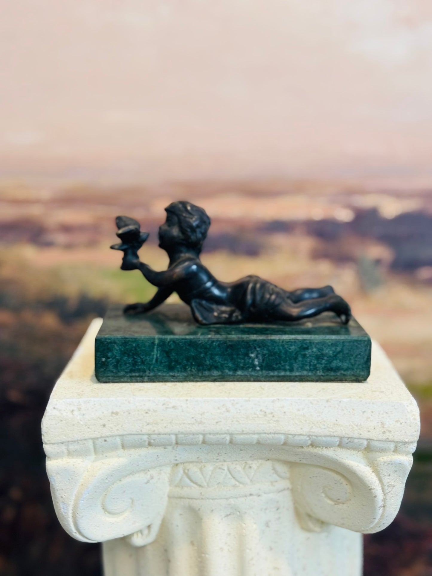 Bronze Boy statue on marble base  5 l 3 h 3 w/d