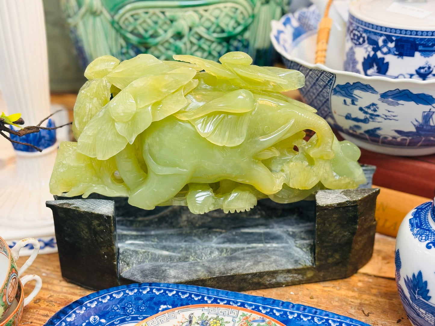 Jade Statue with Elephants 11 x 9