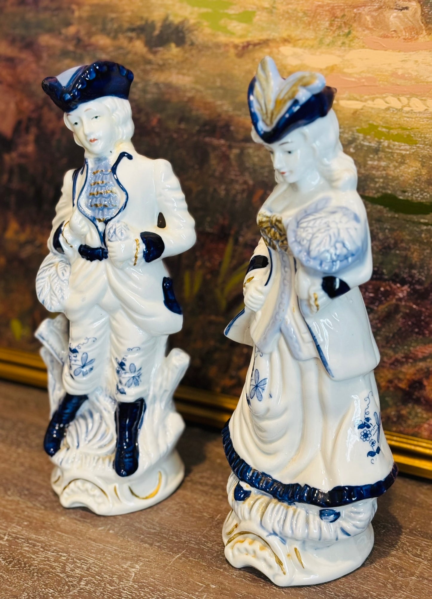 Victorian Blue and white figurines 12 h 4.75 w 4.25 d each