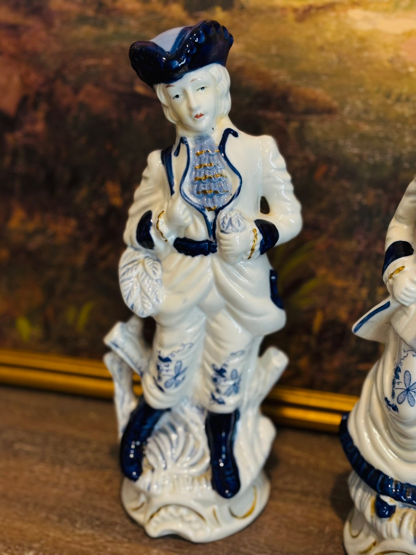 Victorian Blue and white figurines 12 h 4.75 w 4.25 d each
