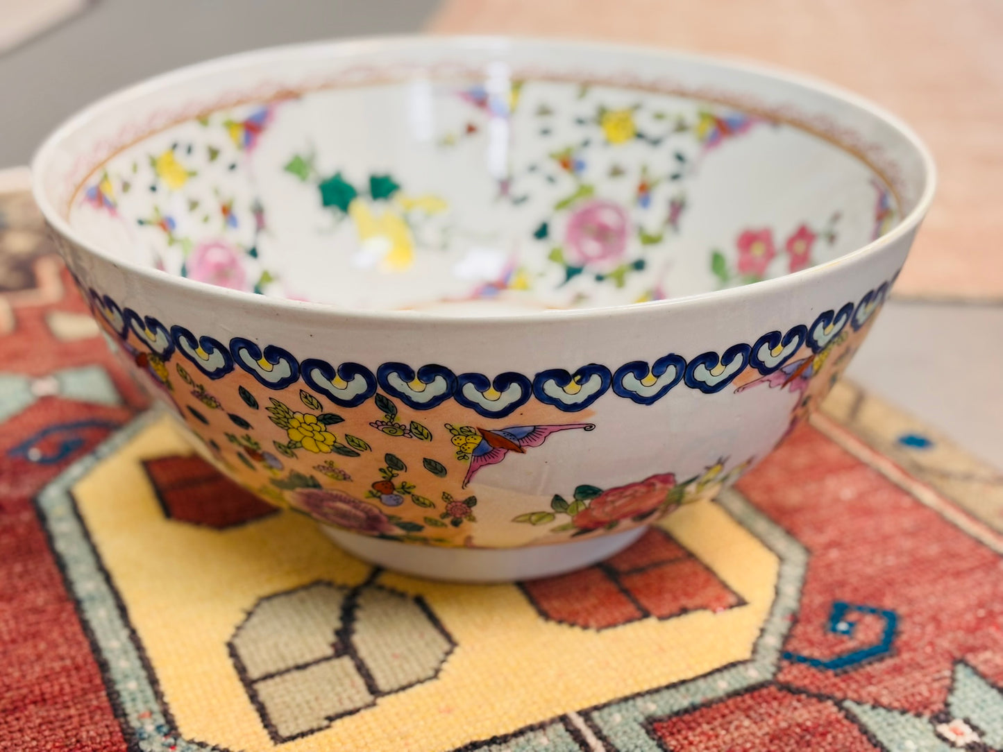 Large White Floral Chinoiserie Bowl 14 wide