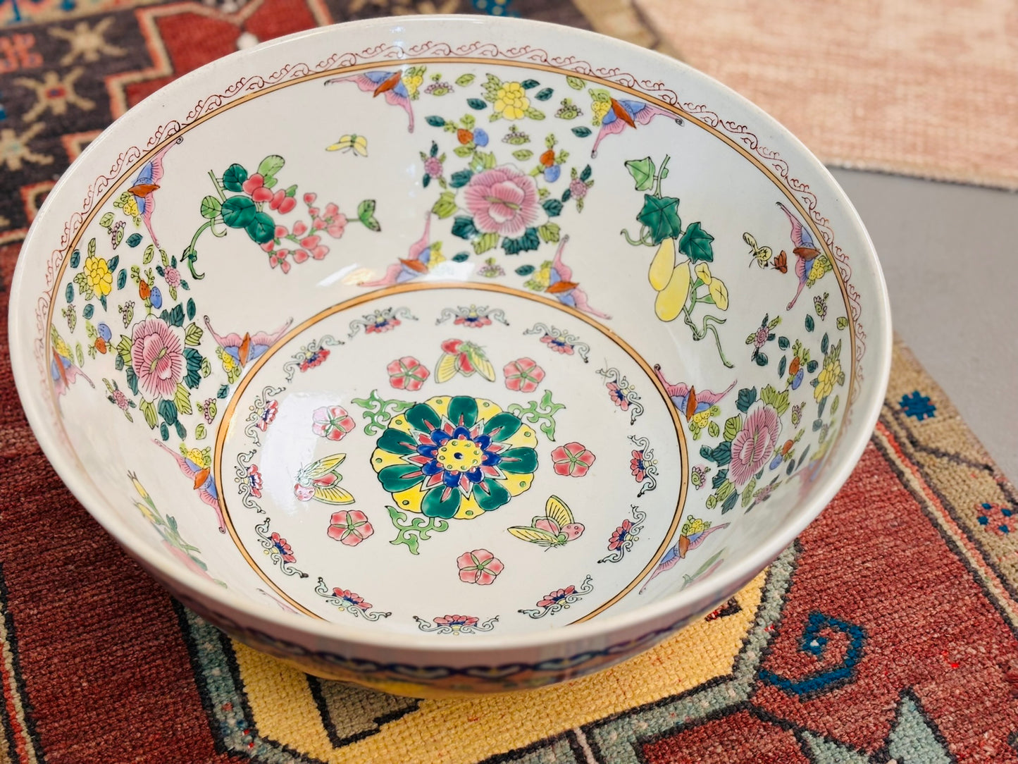 Large White Floral Chinoiserie Bowl 14 wide