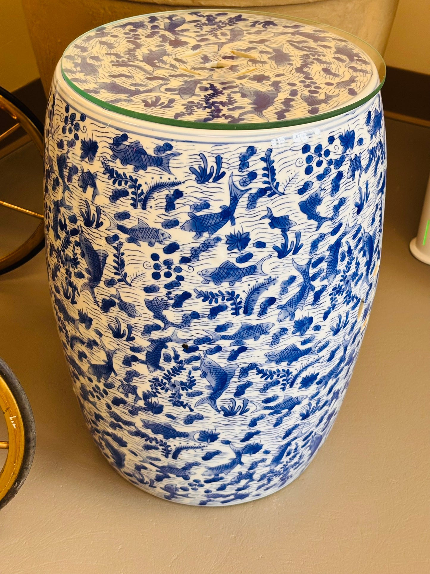 Blue and White Ceramic Garden Stool with Glass Top 11 w x 17 h