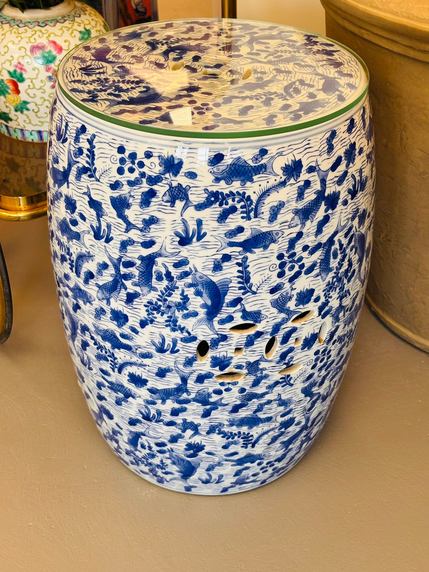 Blue and White Ceramic Garden Stool with Glass Top 11 w x 17 h