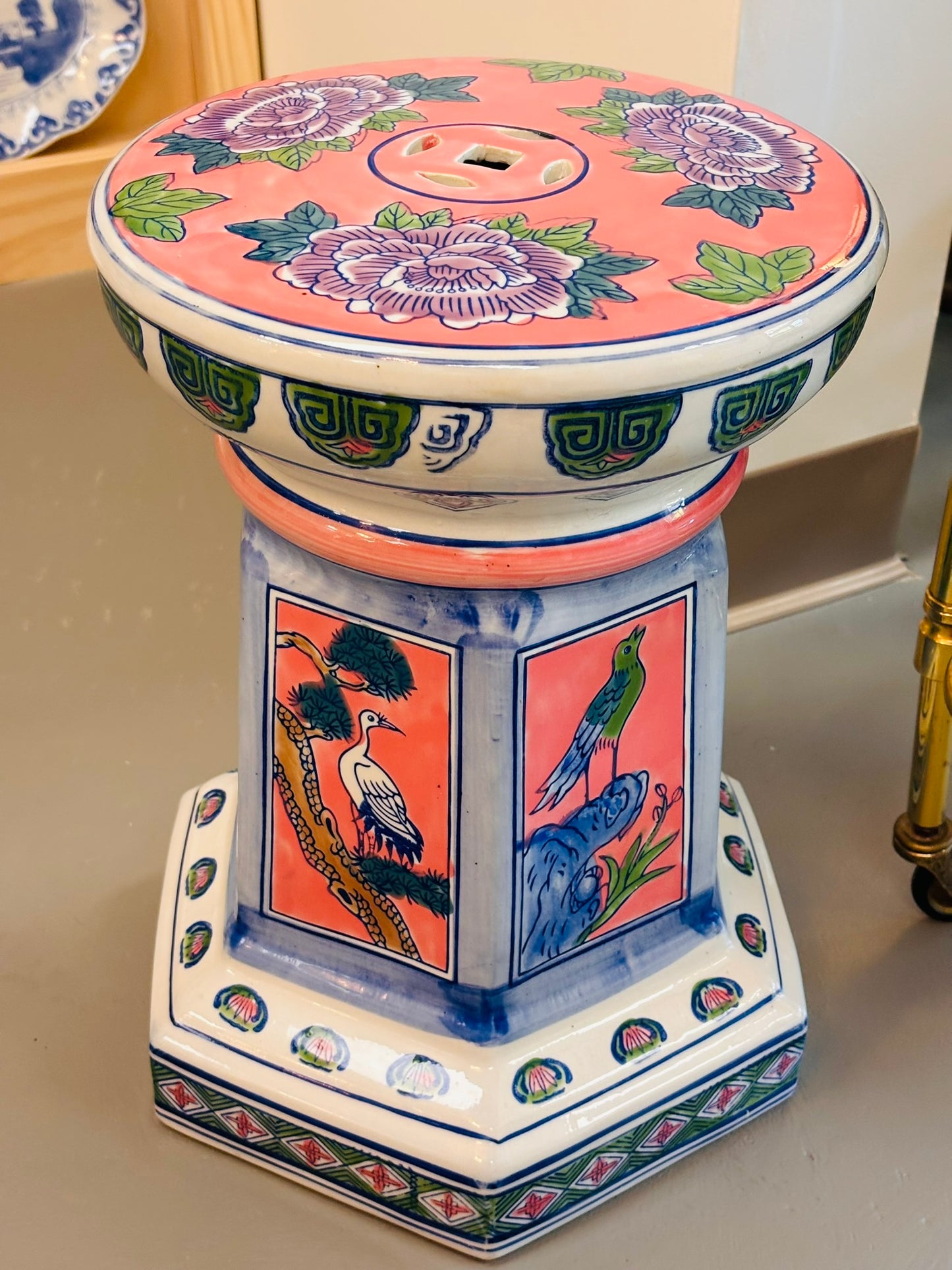 Pink Asian-Inspired Ceramic Garden Stool 11 w x 15.5 h