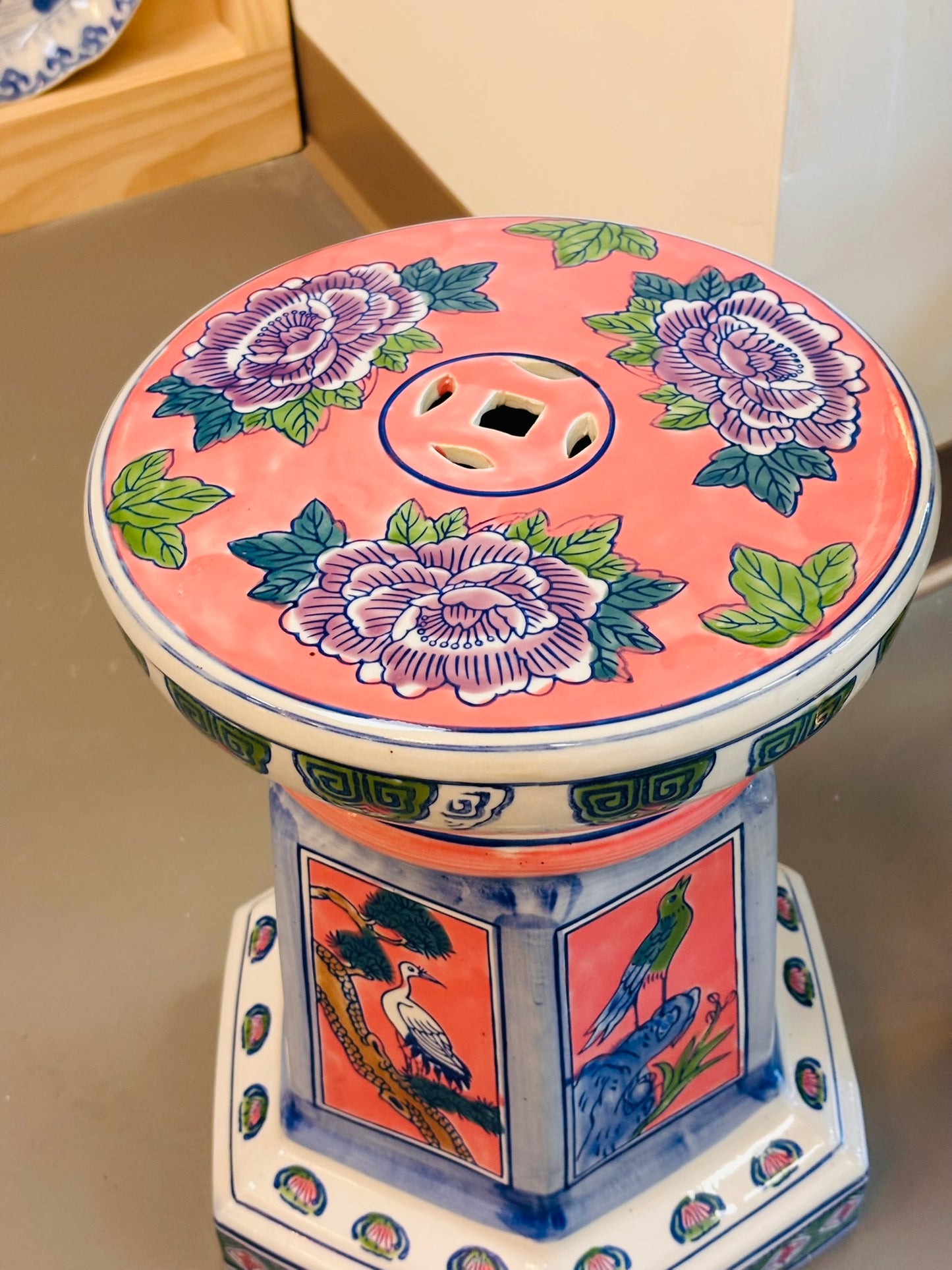 Pink Asian-Inspired Ceramic Garden Stool 11 w x 15.5 h