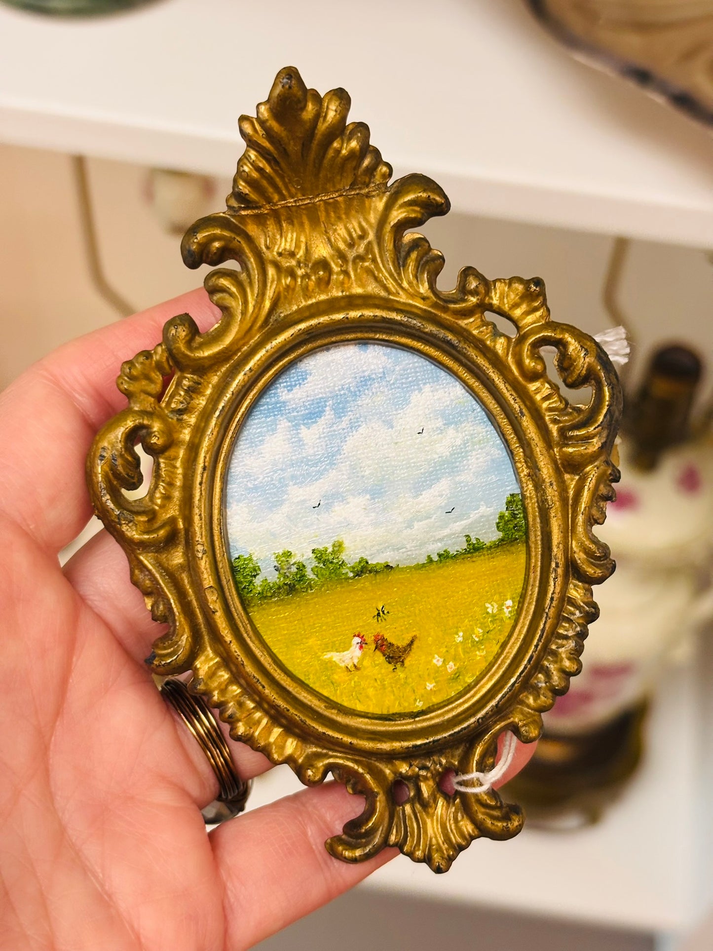Original Mini Oil Painting with Chickens 4.75 x 3