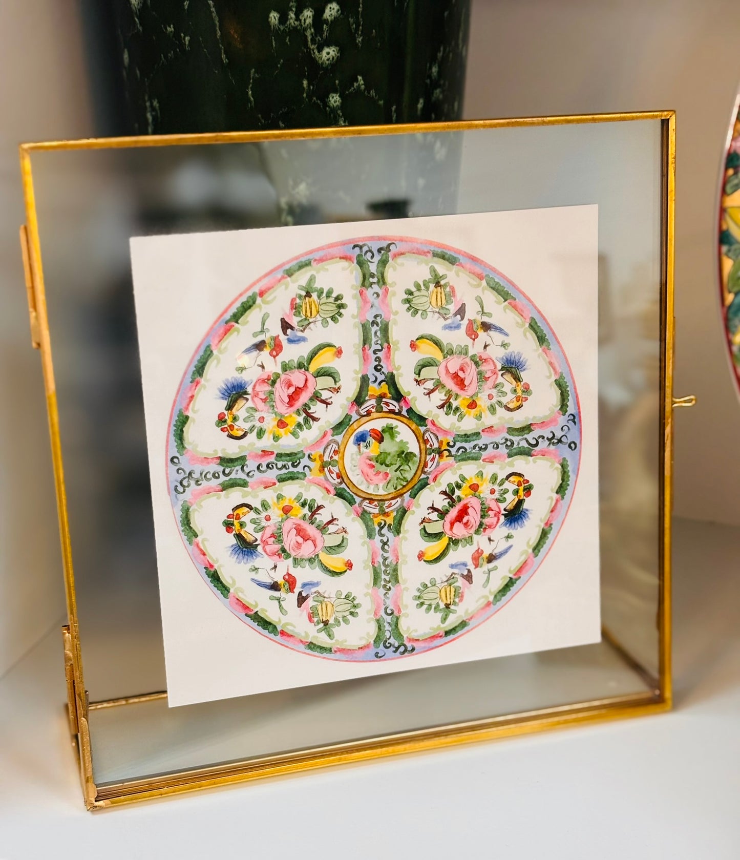 Original Watercolor Rose Medallion Plate Painting in Frame 7 w