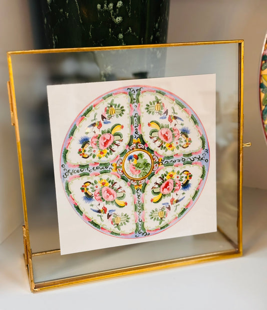 Original Watercolor Rose Medallion Plate Painting in Frame 7 w
