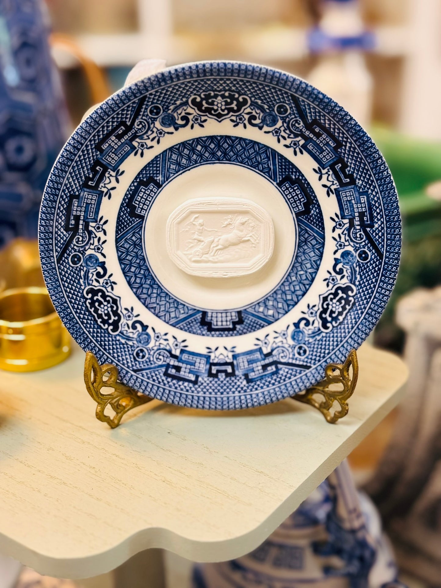 Custom Intaglio Plate Blue and White- 2 available 5.5 wide