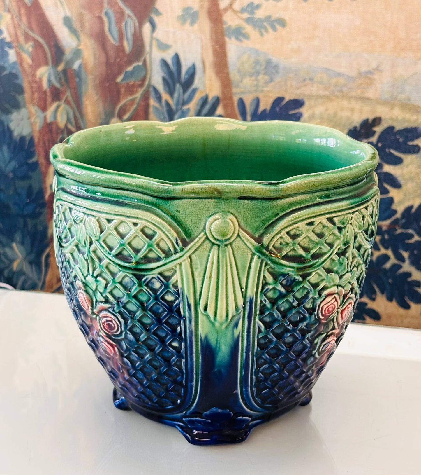 Green and Blue Majolica Weller Art Planter 10 w x 9 h