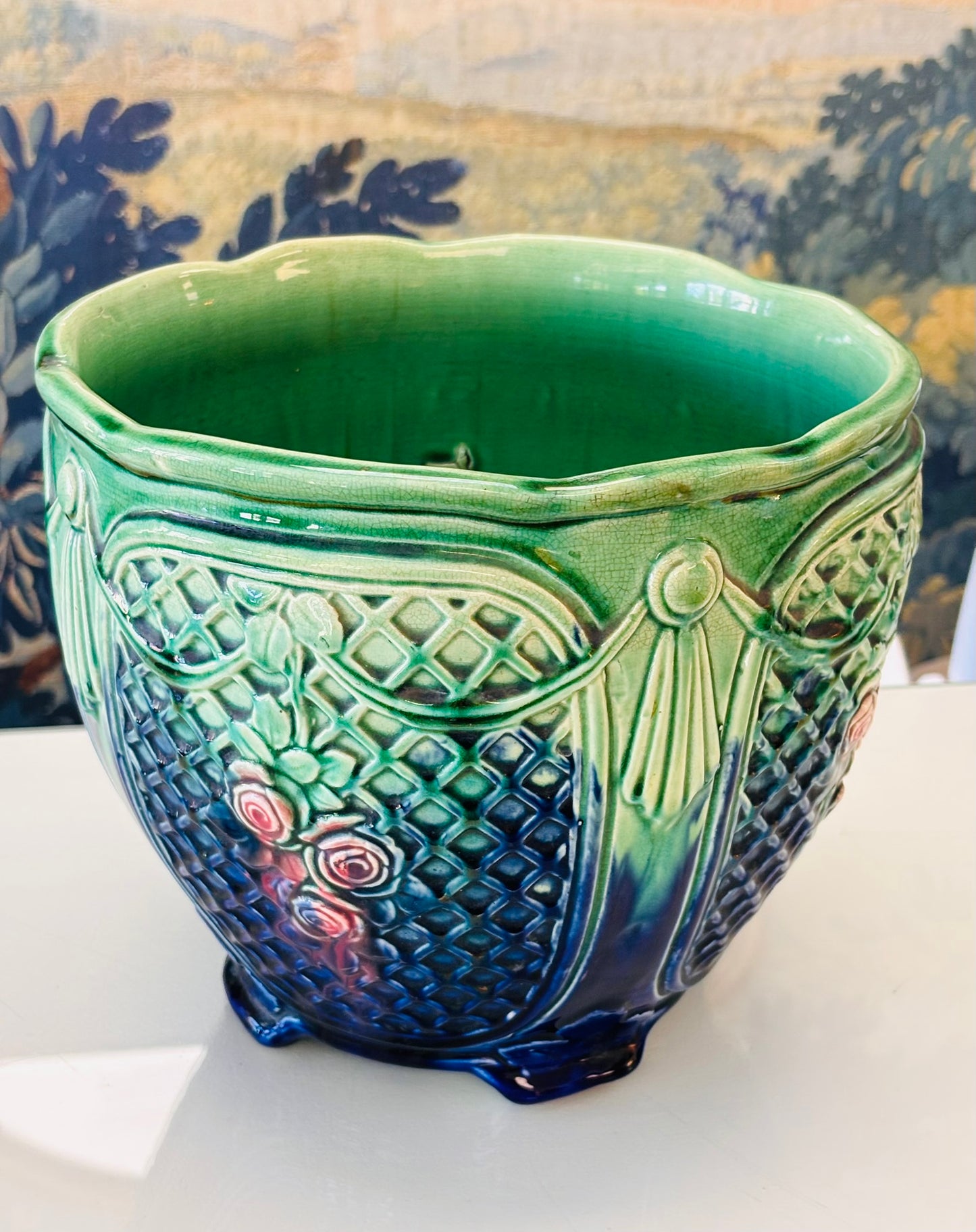 Green and Blue Majolica Weller Art Planter 10 w x 9 h
