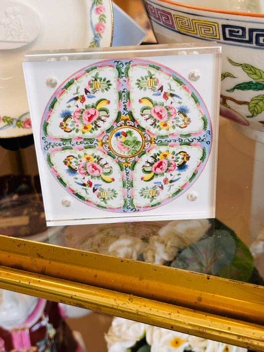 Original Rose Medallion Watercolor in Acrylic Frame 4 w