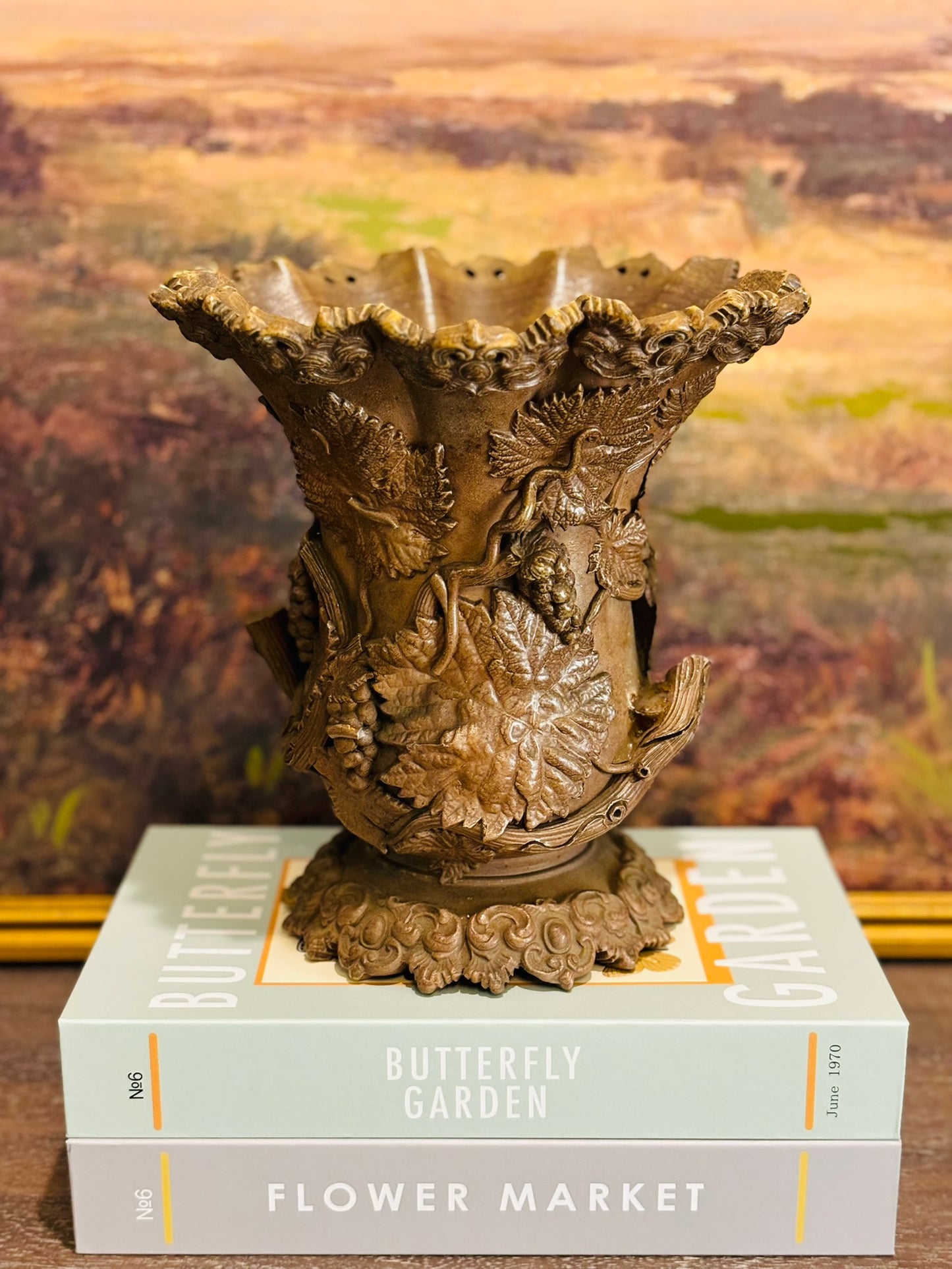 19th Century France Brown Salt Vase with Applied Fruit Vine Decoration